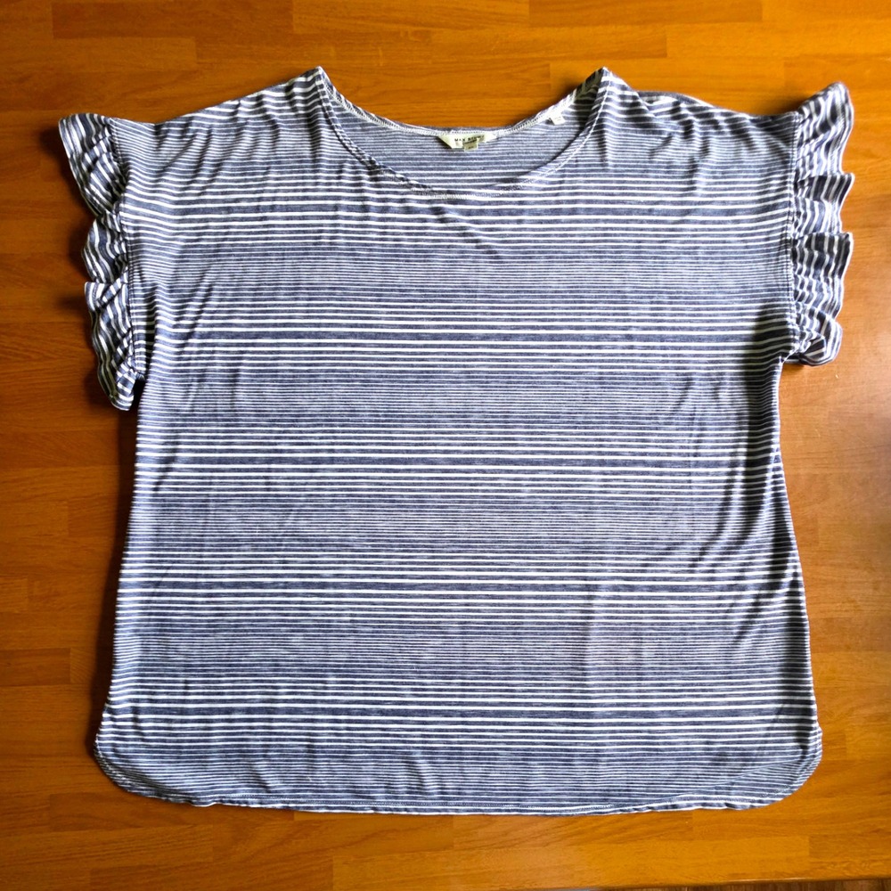MAX STUDIO Ruffle Sleeve Striped Top Navy Blue White Women's Plus Size 2X
